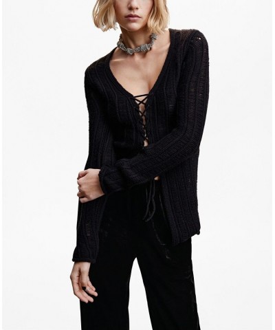 Women's Bow Knitted Cardigan Black $42.30 Sweaters