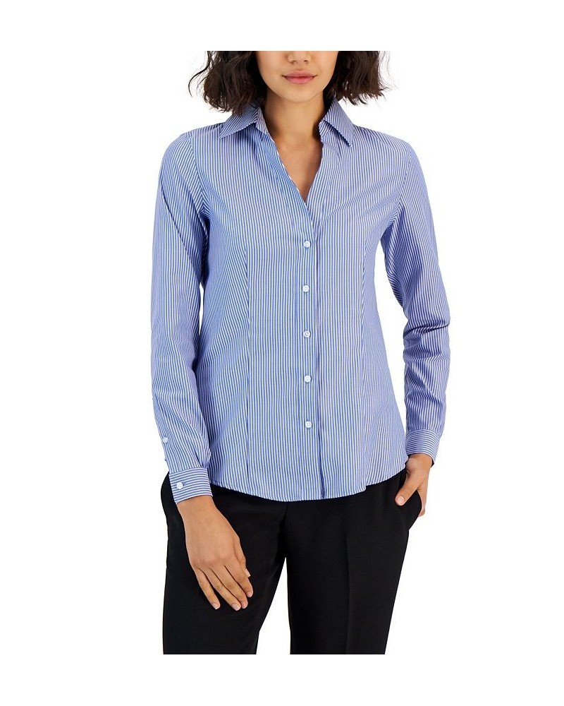 Women's Striped Easy Care Button Up Long Sleeve Blouse Blue-White $25.19 Tops