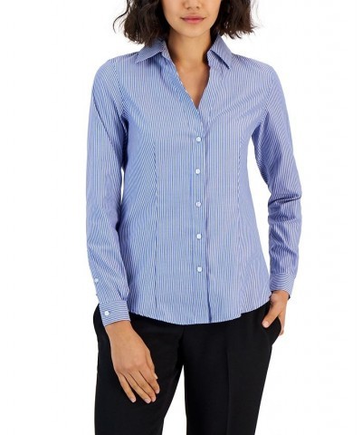 Women's Striped Easy Care Button Up Long Sleeve Blouse Blue-White $25.19 Tops