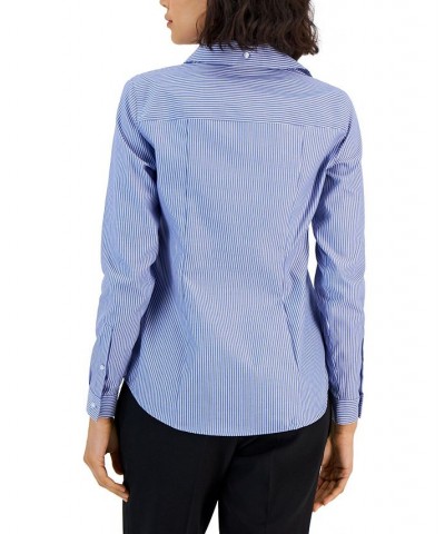 Women's Striped Easy Care Button Up Long Sleeve Blouse Blue-White $25.19 Tops