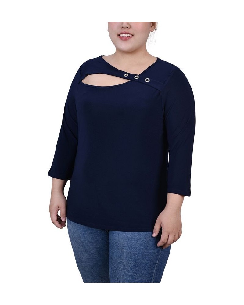 Plus Size 3/4 Sleeve Cutout Top Blue $12.56 Tops