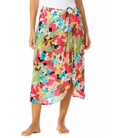 Women's Ring Floral-Print Long Cover-Up Sarong Pink Multi Foral $38.72 Swimsuits