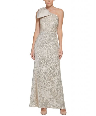 Women's Sequin & Satin One-Shoulder Gown Champagne $38.44 Dresses