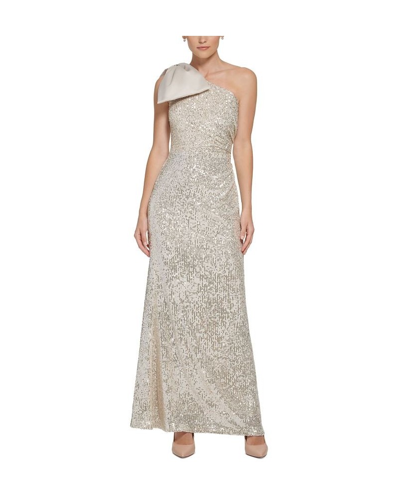 Women's Sequin & Satin One-Shoulder Gown Champagne $38.44 Dresses