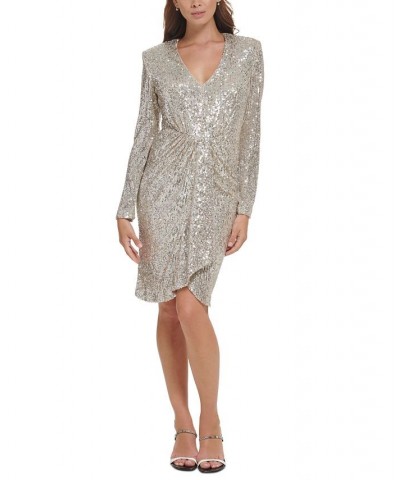 Women's Sequin Draped Long-Sleeve Sheath Dress Silver $46.87 Dresses