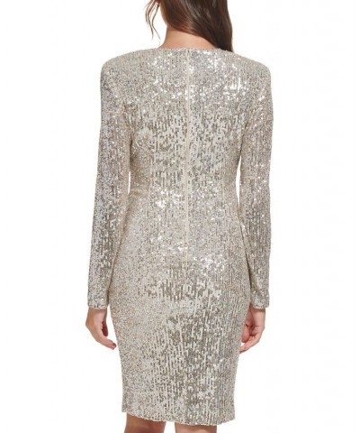 Women's Sequin Draped Long-Sleeve Sheath Dress Silver $46.87 Dresses