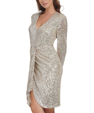 Women's Sequin Draped Long-Sleeve Sheath Dress Silver $46.87 Dresses