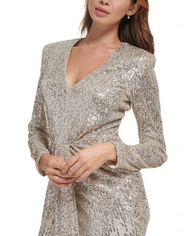 Women's Sequin Draped Long-Sleeve Sheath Dress Silver $46.87 Dresses