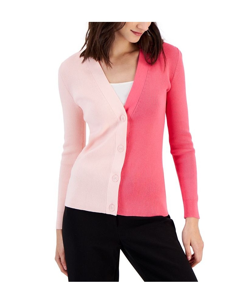 Women's Colorblocked Ribbed Cardigan Sweater Pink $35.39 Sweaters