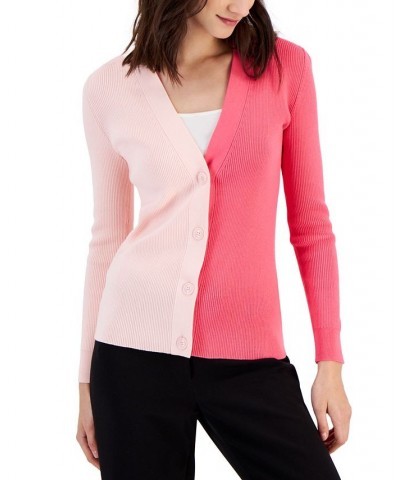 Women's Colorblocked Ribbed Cardigan Sweater Pink $35.39 Sweaters