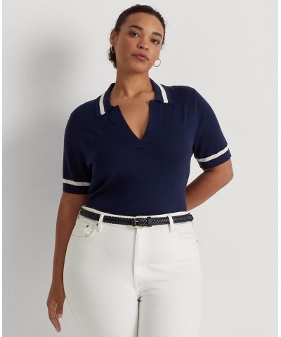 Plus Size Short Sleeve Polo Sweater Blue $54.00 Sweaters