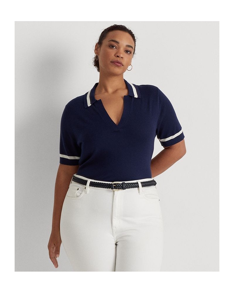 Plus Size Short Sleeve Polo Sweater Blue $54.00 Sweaters