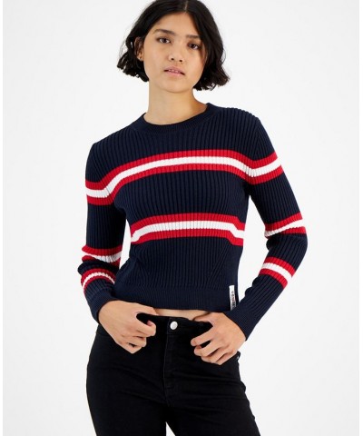 Striped Ribbed Long-Sleeve Crewneck Sweater Sky Captain/Scarlet $25.81 Sweaters