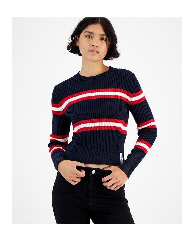 Striped Ribbed Long-Sleeve Crewneck Sweater Sky Captain/Scarlet $25.81 Sweaters