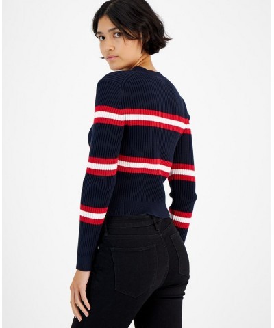 Striped Ribbed Long-Sleeve Crewneck Sweater Sky Captain/Scarlet $25.81 Sweaters