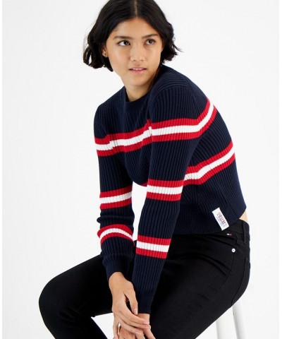 Striped Ribbed Long-Sleeve Crewneck Sweater Sky Captain/Scarlet $25.81 Sweaters