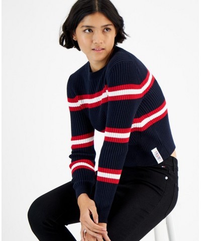 Striped Ribbed Long-Sleeve Crewneck Sweater Sky Captain/Scarlet $25.81 Sweaters