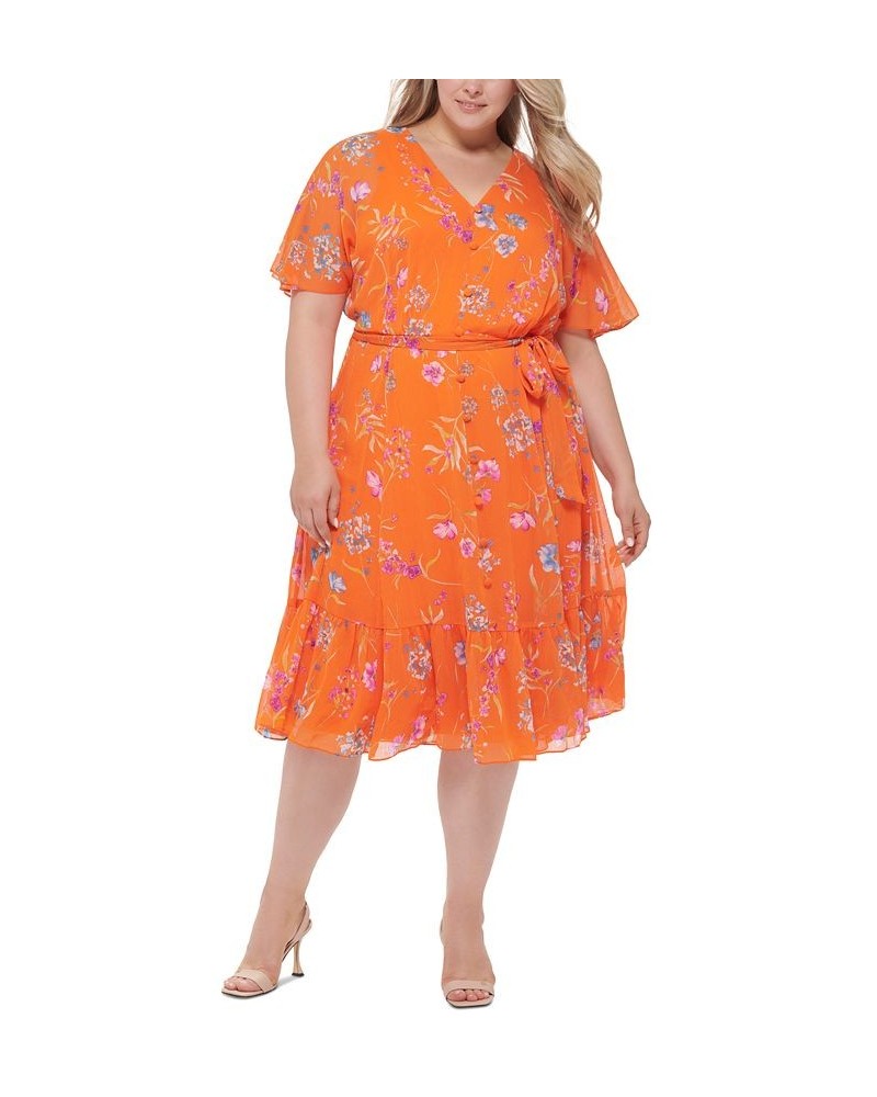 Plus Size Floral-Print Flutter-Sleeve Belted Midi Dress Grenadine Multi $49.28 Dresses