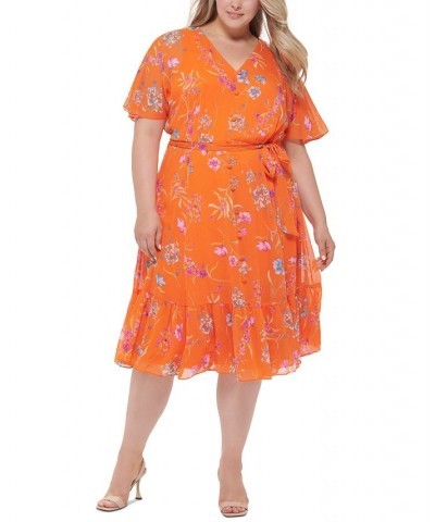 Plus Size Floral-Print Flutter-Sleeve Belted Midi Dress Grenadine Multi $49.28 Dresses