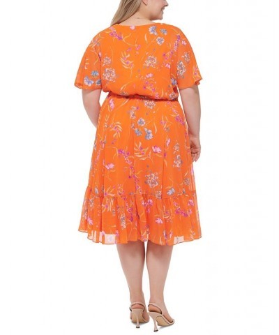 Plus Size Floral-Print Flutter-Sleeve Belted Midi Dress Grenadine Multi $49.28 Dresses