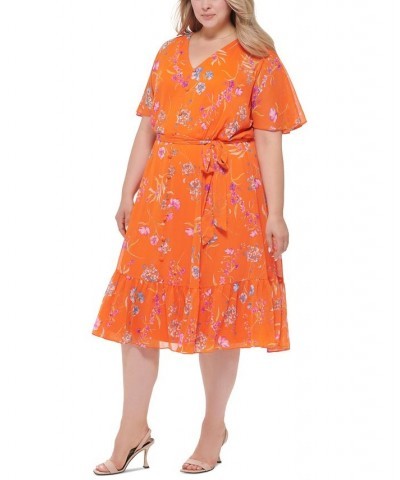 Plus Size Floral-Print Flutter-Sleeve Belted Midi Dress Grenadine Multi $49.28 Dresses