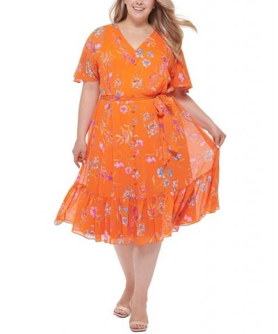 Plus Size Floral-Print Flutter-Sleeve Belted Midi Dress Grenadine Multi $49.28 Dresses