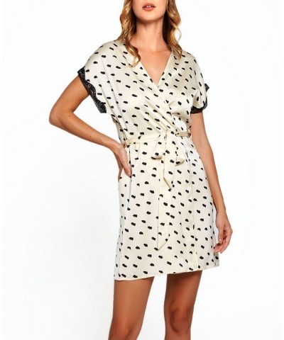 Women's Nadia Polka Dot and Lace Trim Cap Sleeve Wrap Lingerie Cream $36.03 Lingerie