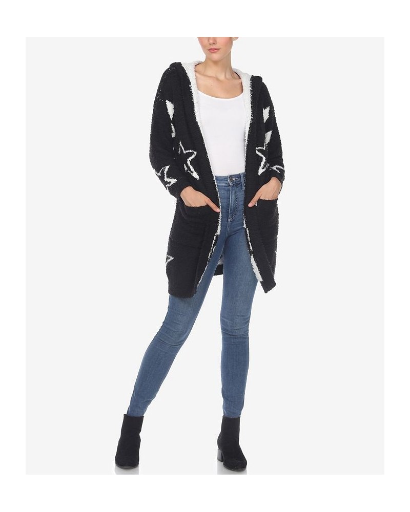 Women's Hooded Open Front Sherpa Coat Black, White Stars $23.32 Coats