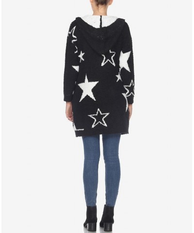 Women's Hooded Open Front Sherpa Coat Black, White Stars $23.32 Coats