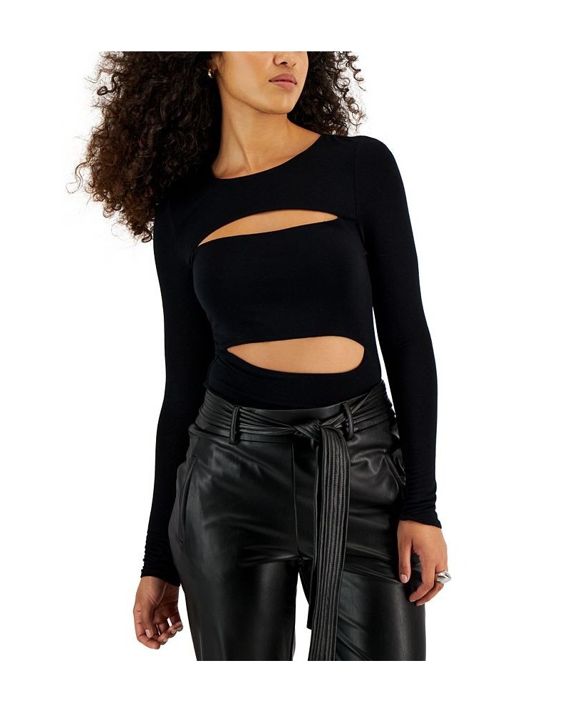 Women's Long-Sleeve Cut-Out Detail Crewneck Top Black $12.13 Tops