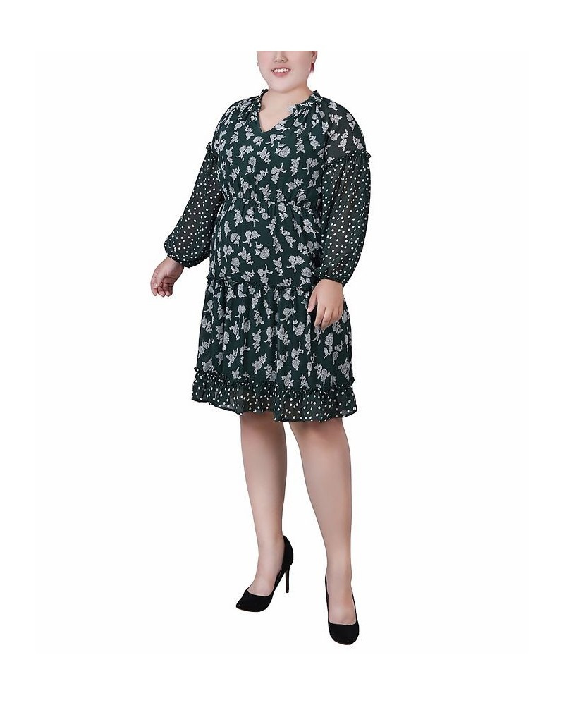 Plus Size Long Sleeve Combo Chiffon Dress Botanical Garden Floral Dot $17.34 Dresses