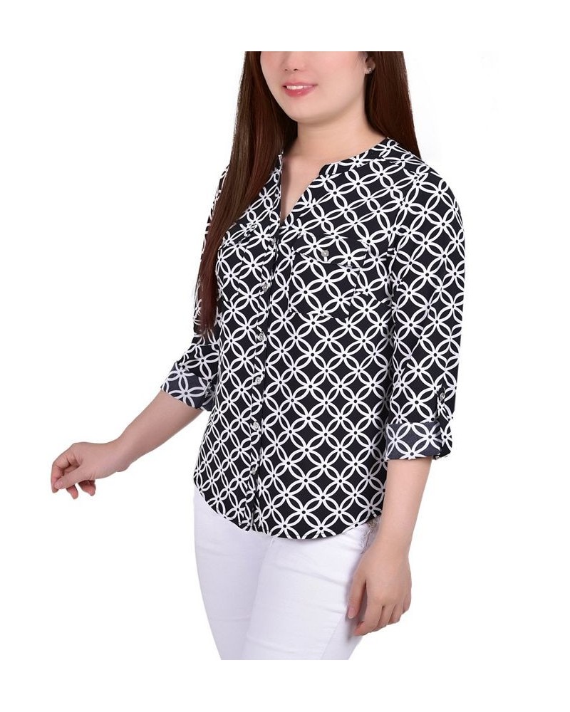 Petite 3/4 Sleeve Roll Tab Y Neck Blouse Black White Iconic $14.40 Tops