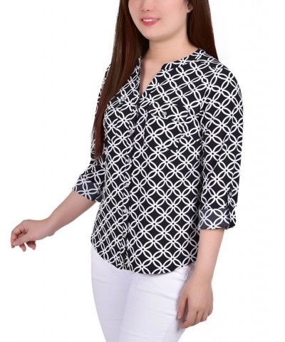 Petite 3/4 Sleeve Roll Tab Y Neck Blouse Black White Iconic $14.40 Tops