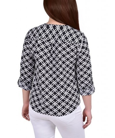 Petite 3/4 Sleeve Roll Tab Y Neck Blouse Black White Iconic $14.40 Tops