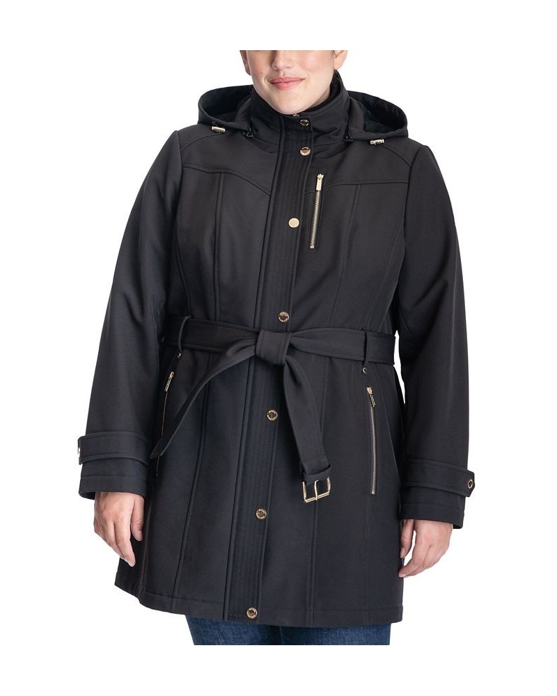 Plus Size Hooded Snap-Front Belted Raincoat Black $92.00 Coats