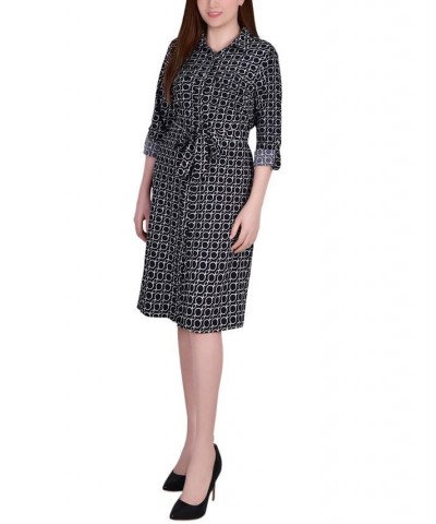 Petite Geometric Printed Long Sleeve Roll Tab Shirtdress Black White Circle Chain $19.24 Dresses