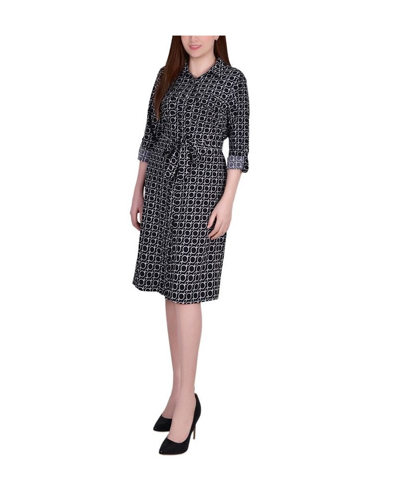 Petite Geometric Printed Long Sleeve Roll Tab Shirtdress Black White Circle Chain $19.24 Dresses