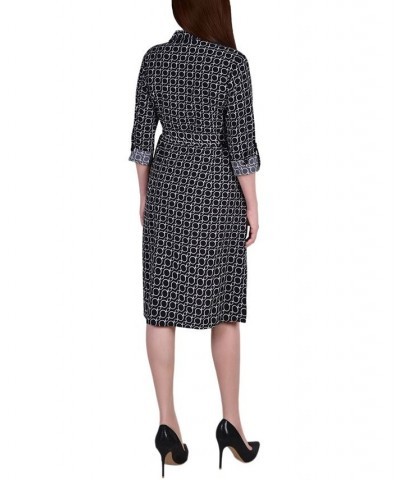 Petite Geometric Printed Long Sleeve Roll Tab Shirtdress Black White Circle Chain $19.24 Dresses