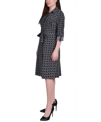 Petite Geometric Printed Long Sleeve Roll Tab Shirtdress Black White Circle Chain $19.24 Dresses