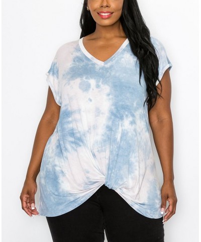 Plus Size Hand Tie Dye V-Neck Twist Front Top Denim/Blush $18.98 Tops