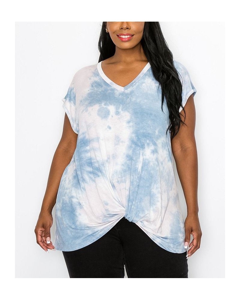 Plus Size Hand Tie Dye V-Neck Twist Front Top Denim/Blush $18.98 Tops