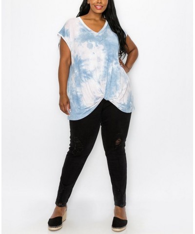 Plus Size Hand Tie Dye V-Neck Twist Front Top Denim/Blush $18.98 Tops