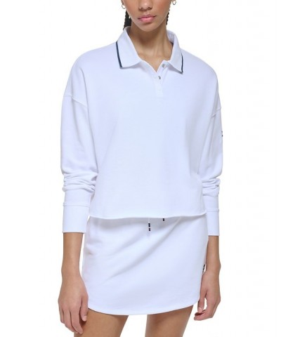 Women's French Terry Cropped Polo Sweatshirt White $34.75 Tops