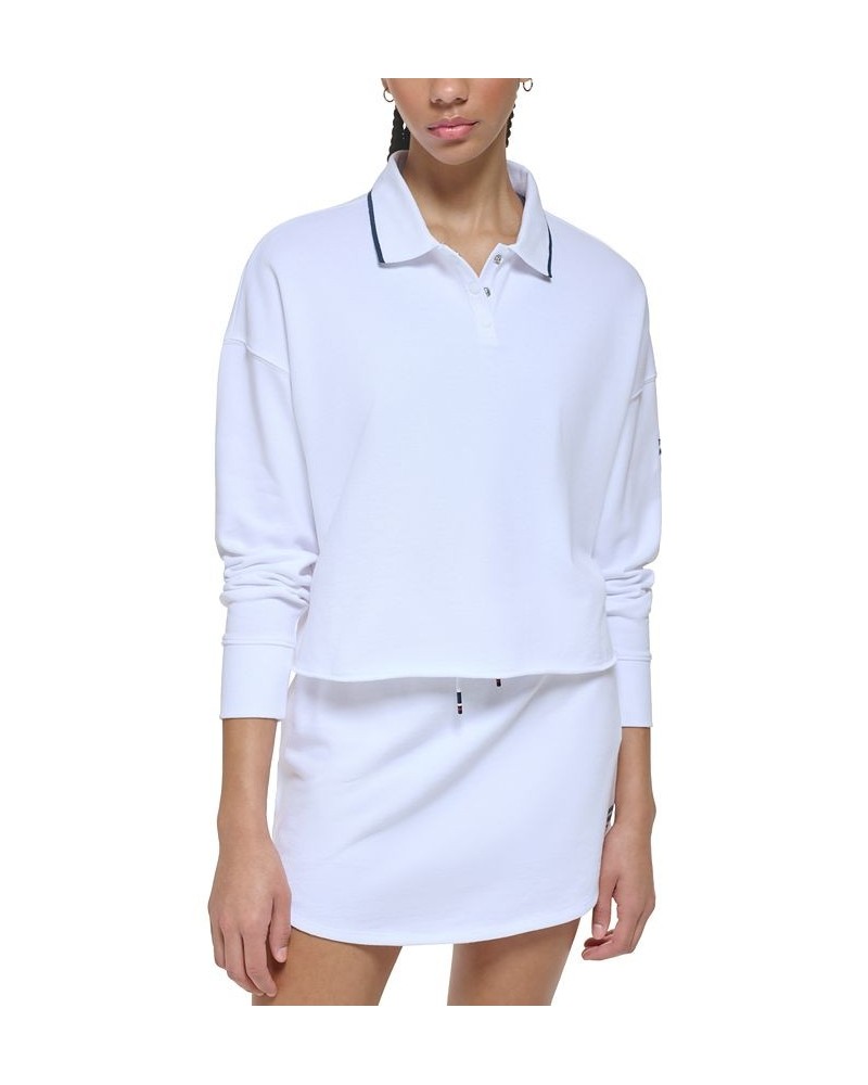 Women's French Terry Cropped Polo Sweatshirt White $34.75 Tops