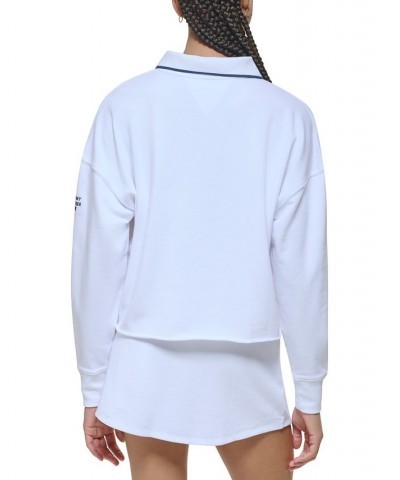 Women's French Terry Cropped Polo Sweatshirt White $34.75 Tops