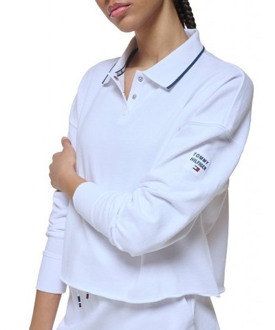 Women's French Terry Cropped Polo Sweatshirt White $34.75 Tops