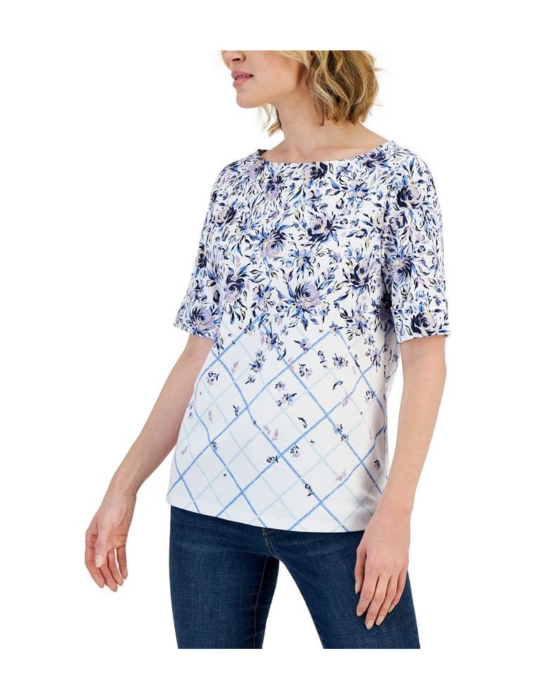 Petite Cascading Floral Boat-Neck Top White $12.38 Tops