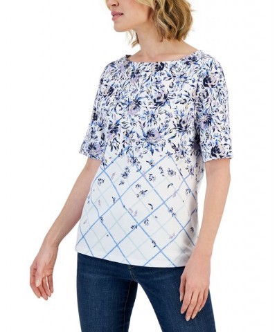 Petite Cascading Floral Boat-Neck Top White $12.38 Tops