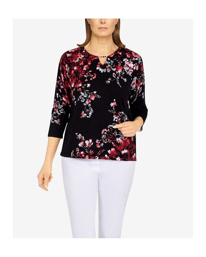 Petite Size Classics Asymmetric Floral Print Sweater Black, Red $26.48 Sweaters