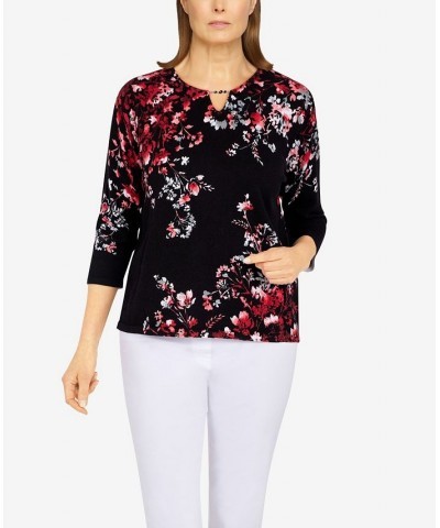 Petite Size Classics Asymmetric Floral Print Sweater Black, Red $26.48 Sweaters